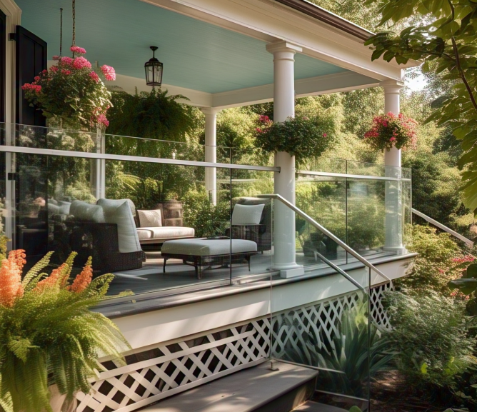 Beautiful porch with garden flowers behind glass railing benefits Toronto