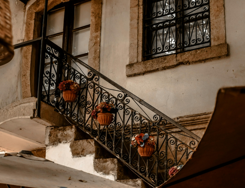 stairs with metal railings and flower pots