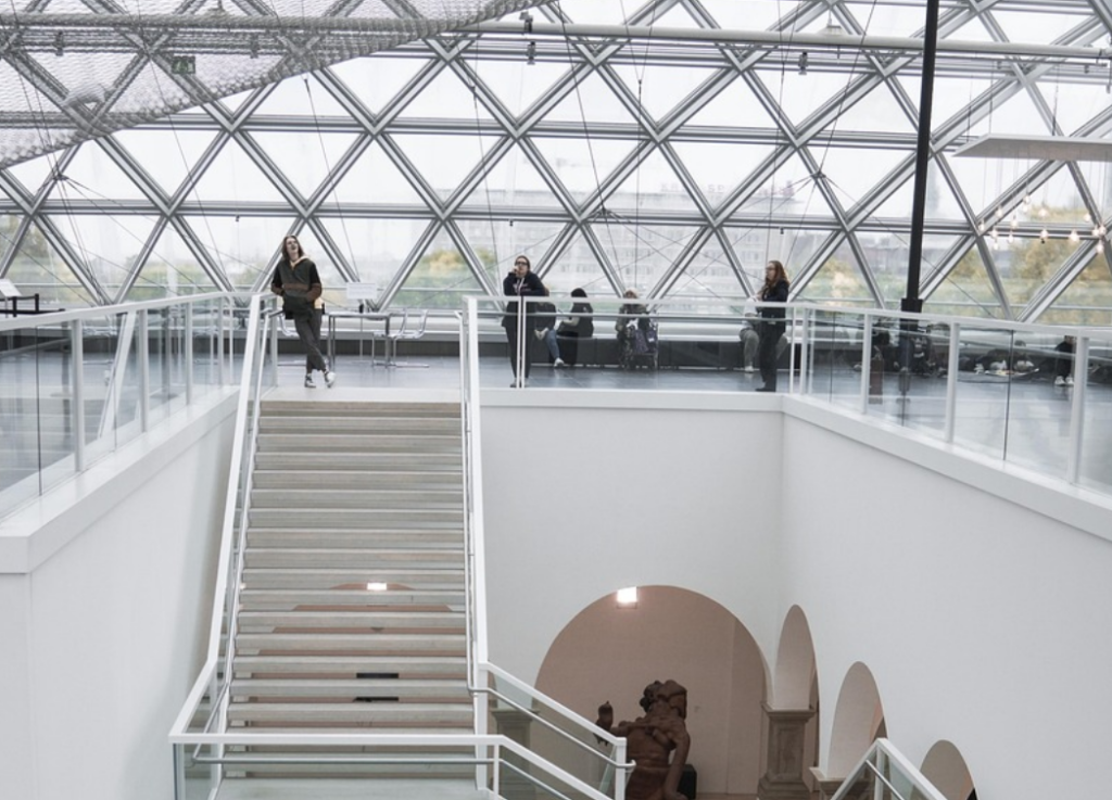 office building with glass railings